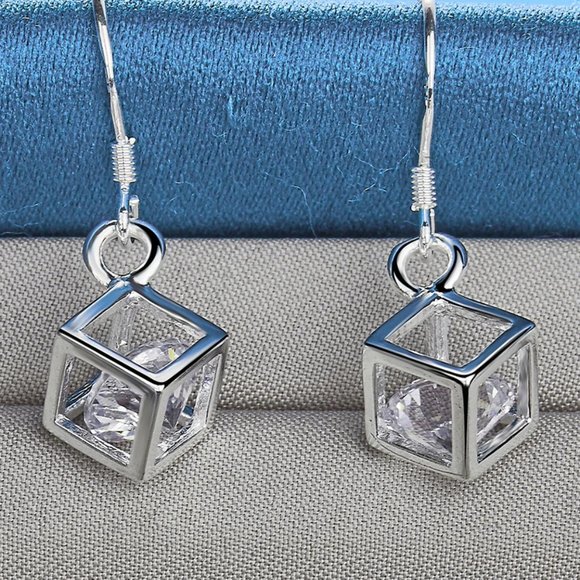 Boxed Inlayed Cubic Zirconia Drop Earrings Solid 925 Sterling Silver - Picture 5 of 5